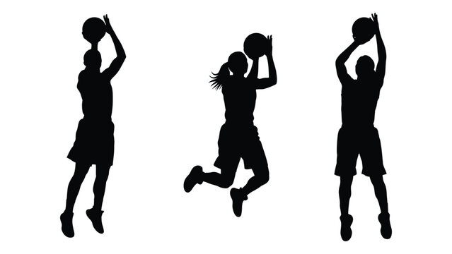 Silhouettes of three netball players in action preparing to shoot at the goal