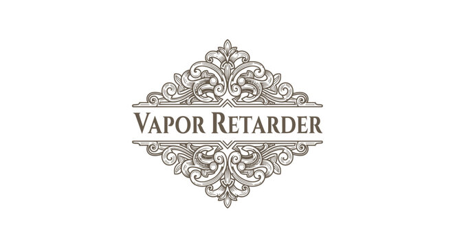 Vintage Engraved Logo with Ornate Scrollwork and Text "Vapor Retarder"