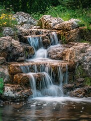 Fototapeta premium Serene Waterfall Cascading Over Smooth Rocks in Lush Green Setting