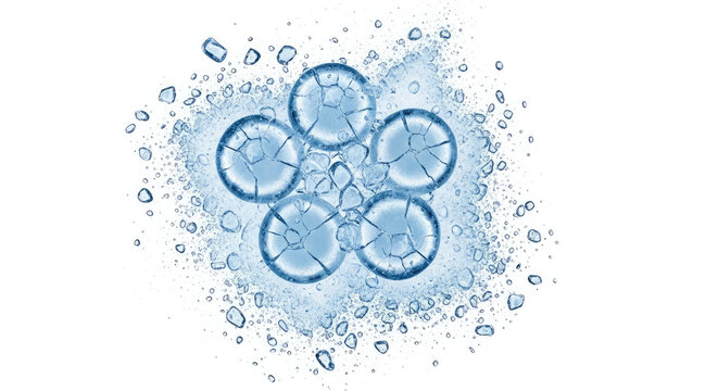 Dynamic cluster of fractured blue ice spheres and frozen water fragments exploding on an isolated pure white background