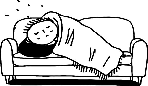 Person sleeping wrapped in blanket on living room couch