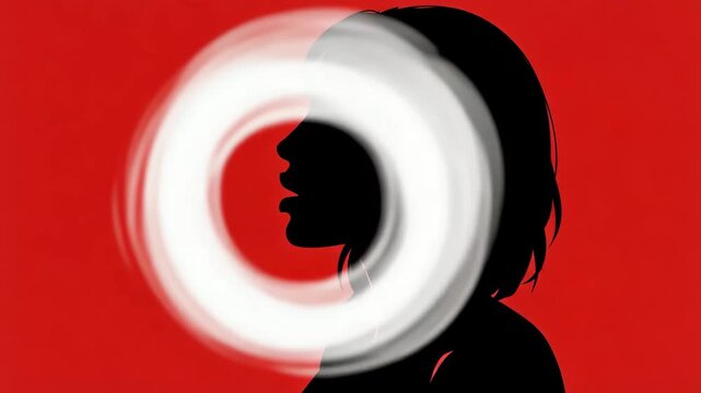 Black silhouette of a woman's profile blowing a white smoke ring against a solid red background
