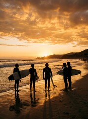 Fototapeta premium Surfers Stand Silhouetted on Beach Watching Sunset Over Ocean Waves