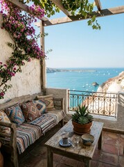 Obraz premium Cozy Mediterranean balcony with floral vines overlooking serene ocean horizon