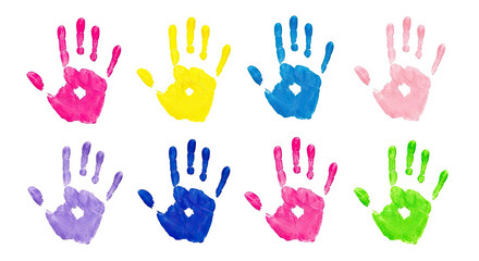 Fototapeta premium Vibrant colorful handprints child art on clean white background showcasing diversity creativity and playful innocence