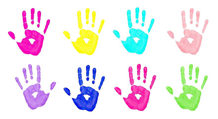 Fototapeta premium Eight vibrant colorful handprints. Painted pink yellow blue green purple magenta isolated on white representing childhood.