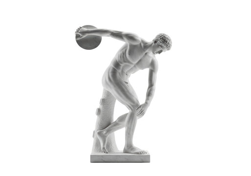 highly detailed white marble sculpture of a powerful classical athlete throwing a discus, isolated on a transparent background under soft illumination, minimalist elegance concept