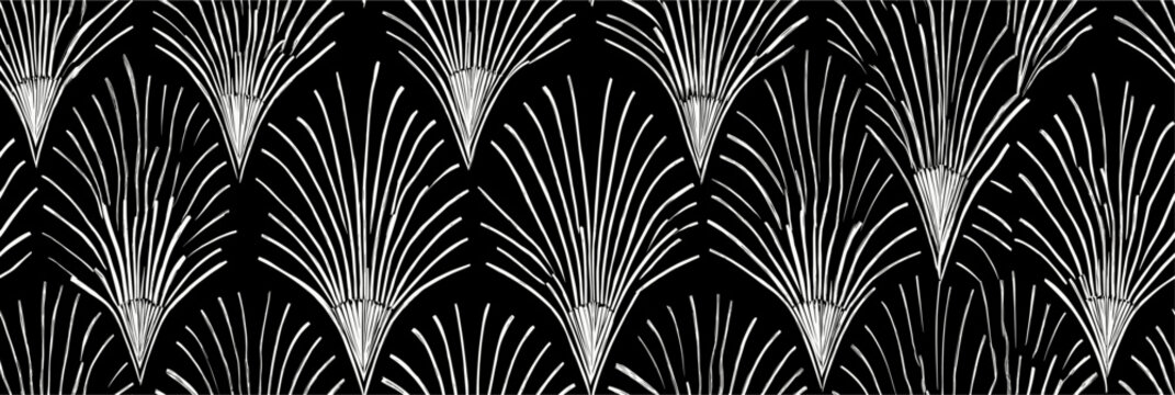 Seamless Art Deco geometric fan repeating pattern. Seamless Art Deco pattern featuring radiating white lines and dots on a black background