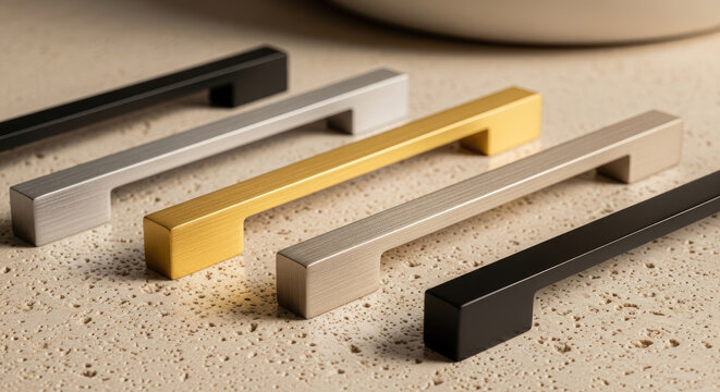 Modern rectangular cabinet handles: brushed gold silver champagne and matte black finishes elegantly arranged on a light textured surface.