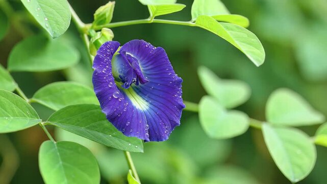 Closeup of a vibrant blue butterfly pea flower blooming amidst lush green foliage.