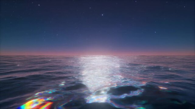 Calm ocean waves reflecting moonlight under a starry night sky