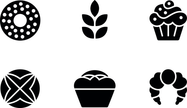 Black silhouettes of various food and plant icons on white background