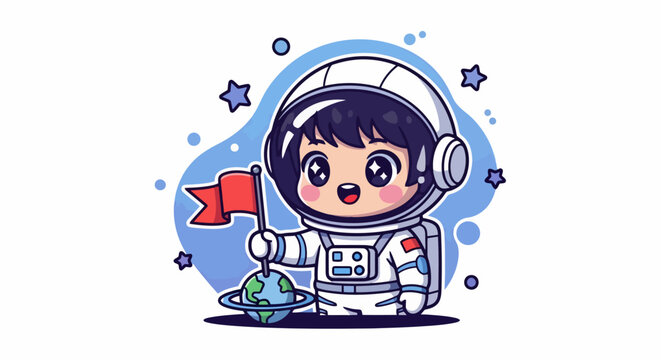 Cute astronaut character holding a flag and planet Earth.