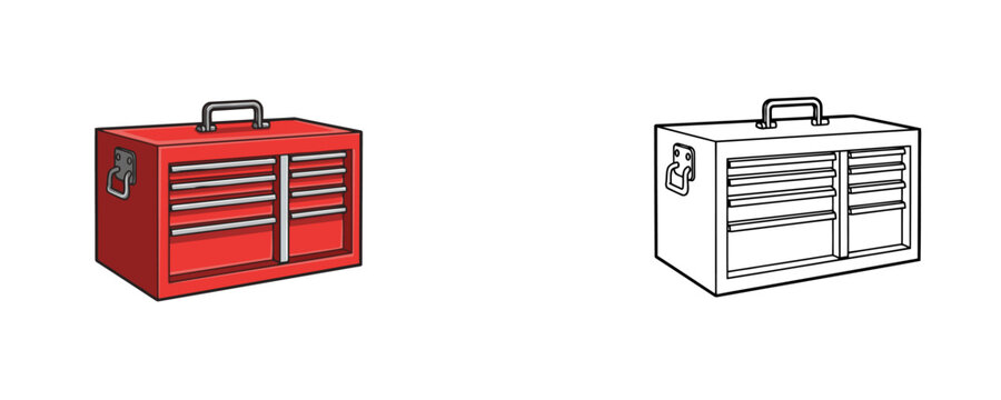 Red metal tool chest illustration in flat and line styles red and grey colors storage cabinet with drawers for workshop or garage isolated on white background