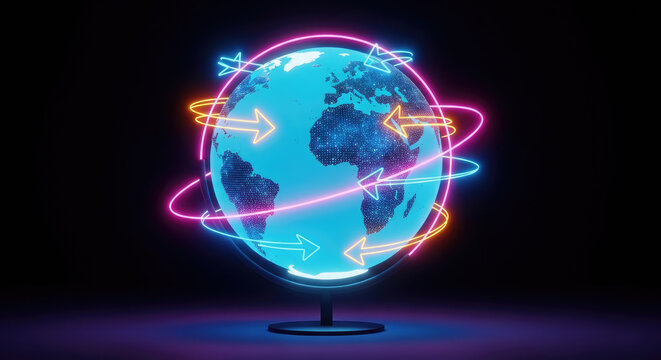 Dynamic neon glowing digital Earth globe with vibrant pink orange and blue arrows orbiting symbolizing global network and data exchange.