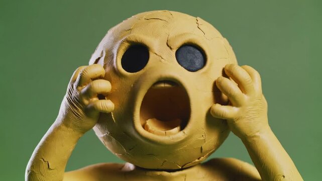 A yellow, cracked clay figure with a round head screams in absolute panic and terror, clutching its face against a solid green background.
