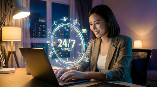 Empowering Communication: A young woman, illuminated by the glow of her laptop screen, embodies the spirit of always-on customer support, surrounded by symbols of connectivity and accessibility.
