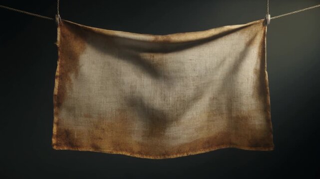 Worn old burlap cloth flag hanging on a rope, textured fabric background