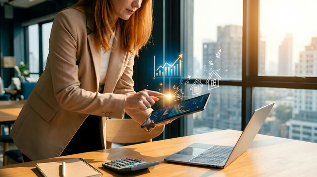 Smart Business with Digital Insights: A sharp professional, absorbed in a financial tableau, utilizes a tablet to navigate a sophisticated business dashboard, with a modern cityscape subtly visible. 