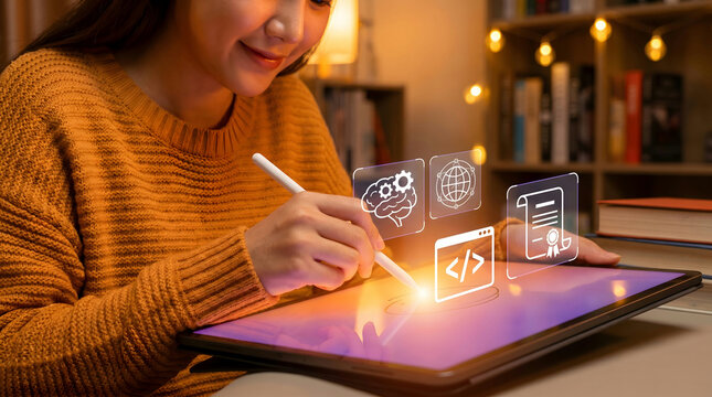 Creative Coding: A person immersed in the digital realm, employing a stylus to navigate a tablet interface, while virtual icons representing programming concepts float above.