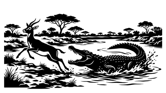 Leaping antelope escapes a lunging crocodile at a savanna riverbank.