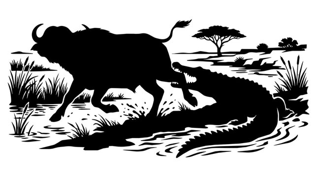 African buffalo struggles as crocodile clamps its hind leg at a riverbank. Silhouette shows acacia tree and splashing water, creating tense mood.