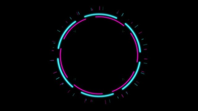 A neon circular graphic with vibrant blue and pink lines, radiating in a rhythmic pattern