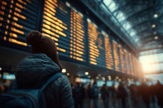 Woman Checking Flight Schedule at Airport Terminal