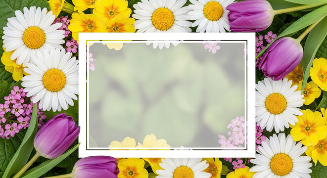 Vibrant spring flowers create a border around a blank rectangular copy space with a soft green background perfect for invitations.