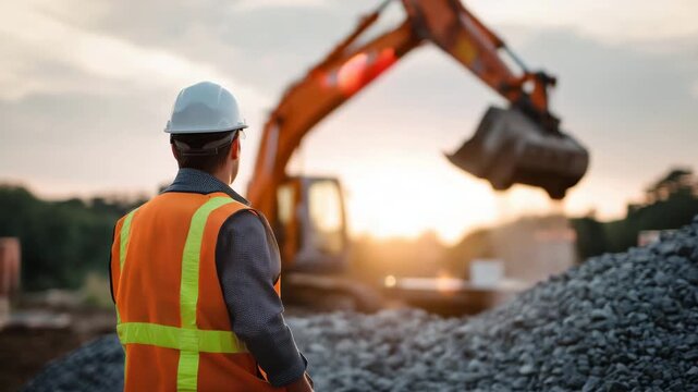 Site supervisor checking data on tablet at construction zone with excavators working behind, infrastructure project concept, engineering control, heavy equipment, progress and industry with copy space
