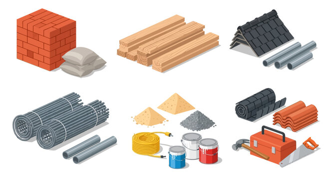 Construction Materials and Tools Isometric Set: Bricks, Wood, Tiles, Rebar, Paint, Toolbox