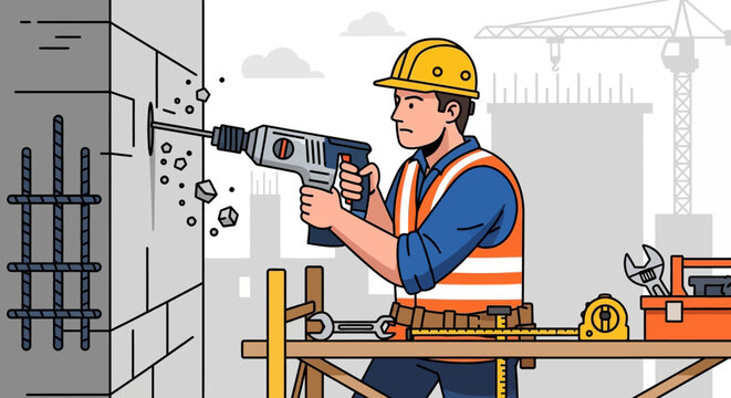 Construction worker drilling wall with power tool, building site background