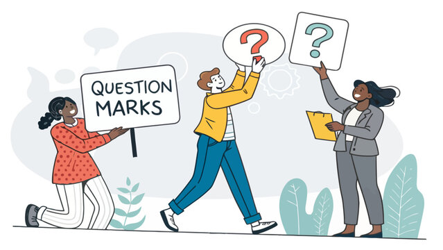 People holding question marks and signs in a questioning attitude together