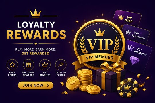 VIP Loyalty Rewards Program Banner with Gold Badge, Membership Levels and Premium Casino Benefits