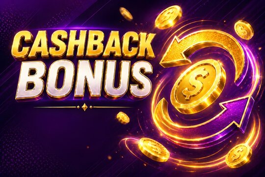 Casino Cashback Bonus Banner with Gold Coins, Return Arrows and Premium Purple Neon Background