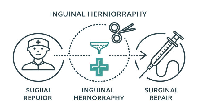 Inguinal herniorraphy surgical repair medical illustration with doctor and tools