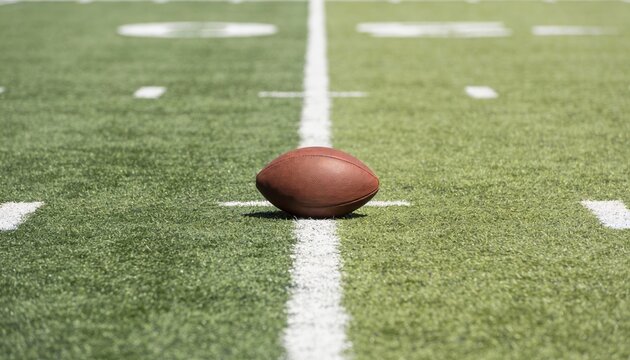 American football on a green turf field. Close-up of a brown leather ball on a white yard line. Sports competition and game day concept. Gridiron stadium background with selective focus