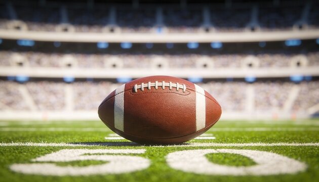 American football on the 50-yard line of a stadium field. Close up of a brown leather ball on green turf. Game day kickoff concept in a professional sports arena