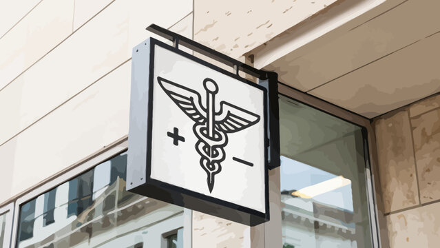 Medical sign with caduceus symbol on building exterior wall