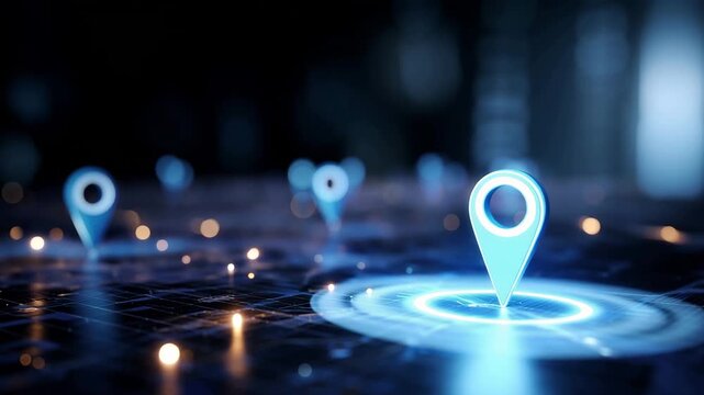 Futuristic map pin on digital interface with neon light path, GPS and location tracking concept, route guidance, smart transport, urban navigation and technology background with copy space