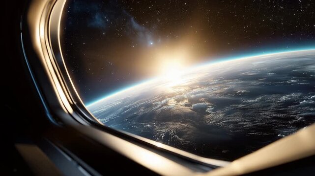Stunning Earth view from orbit through spaceship window with glowing sunrise and night lights, space exploration and astronomy concept, cosmic journey, futuristic travel and universe beauty