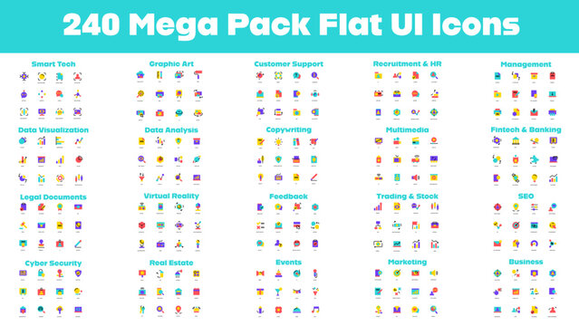 240 Mega Pack Flat UI Icons Collection for Business and Technology