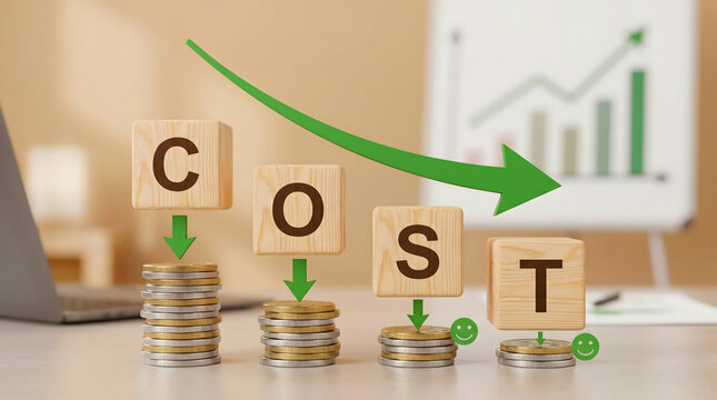 Cost Reduction Concept: Symbolic representation of the concept of cost reduction. Coins and blocks creatively depict the descent of expenses and positive financial growth