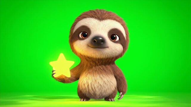 Adorable 3D Rendered Cartoon Sloth Character Holding a Glowing Yellow Star Against a Vibrant Green Screen Background with Soft