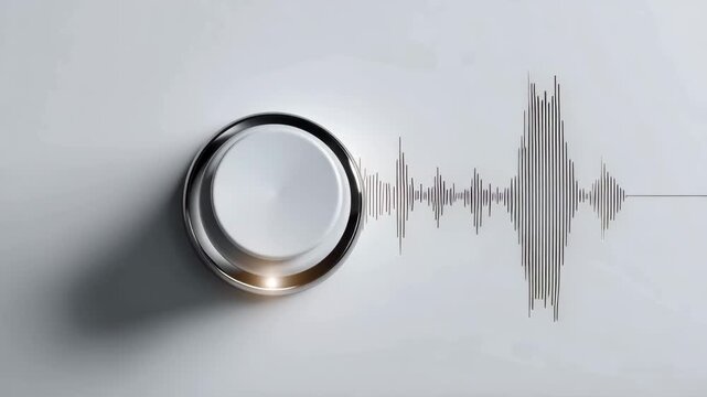 Futuristic volume knob with audio waveform on minimal background, sound control concept, music production, digital interface, technology, audio engineering and modern clean composition with copy space