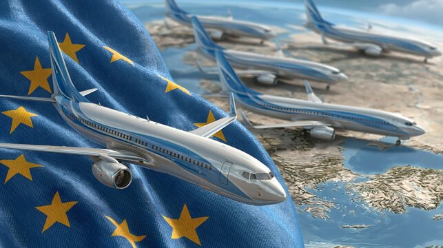 A composite image of multiple commercial airplanes flying over a European map blended with the European Union flag &mdash; symbolizing European aviation, air travel within the EU, or airline industry regula