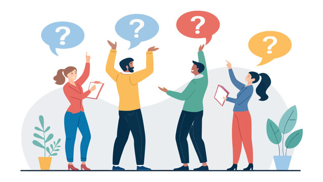 Four people standing with question marks in speech bubbles and clipboards