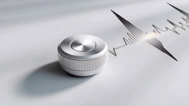 Minimal volume control knob with audio waveform on clean background, sound adjustment concept, music production, audio technology, control interface and modern minimal design with copy space