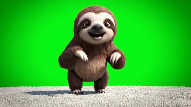 Adorable Young Three Toed Sloth Slowly Crawling Forward on Textured Ground with Lush Green Screen Background in a Studio Setting