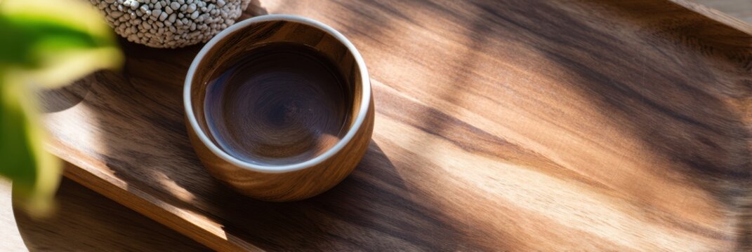 日光の下でトレイに水を入れた木製のボウル
